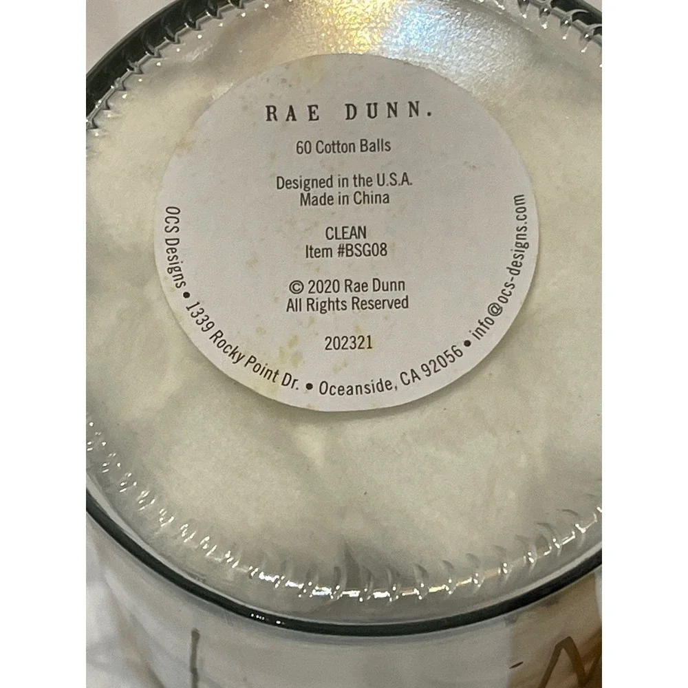 Rae‎ Dunn CLEAN Glass Jar with Wood Lid Bathroom Canister Cotton Ball Holder NEW